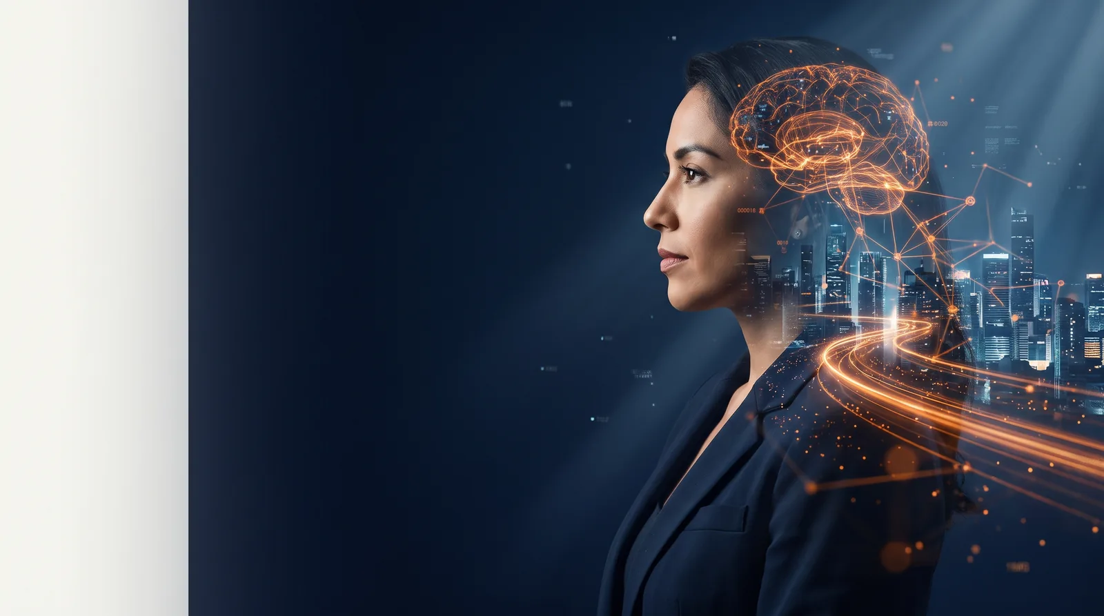 Rostro de perfil fusionado con una red neuronal luminosa y una ciudad, la IA en el núcleo de cada conversación