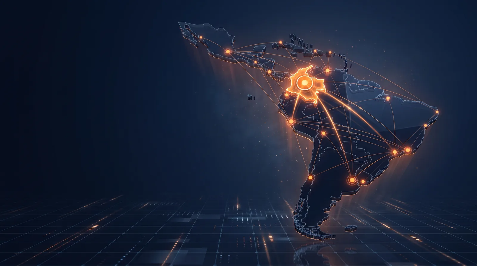 Mapa de Latinoamérica con una red de nodos luminosos y Bogotá resaltada en naranja