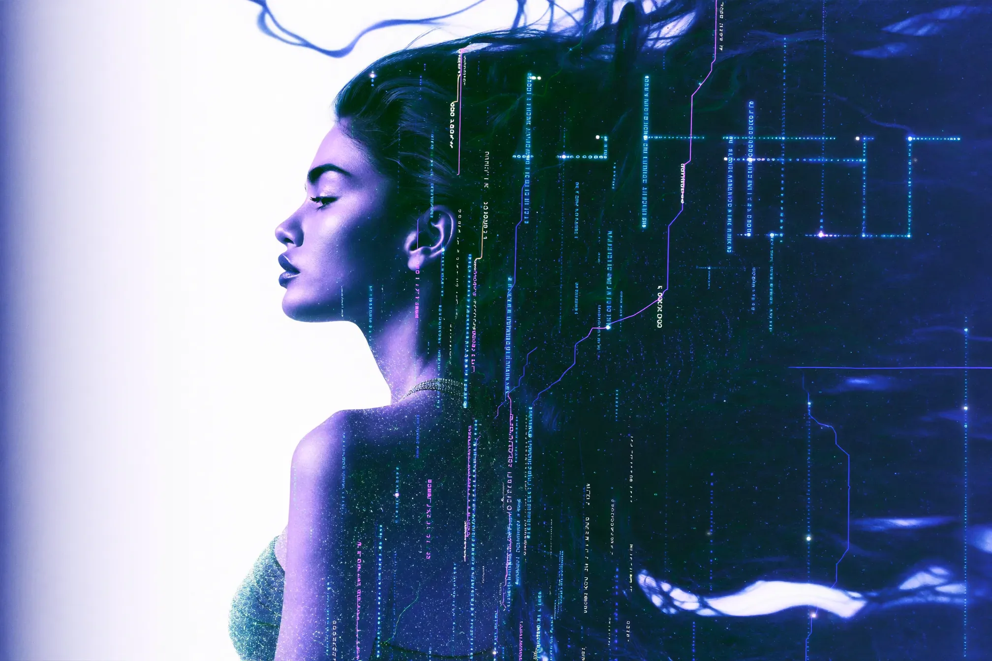 Profile of a person formed from glowing AI circuitry, symbolizing AI woven into the conversation