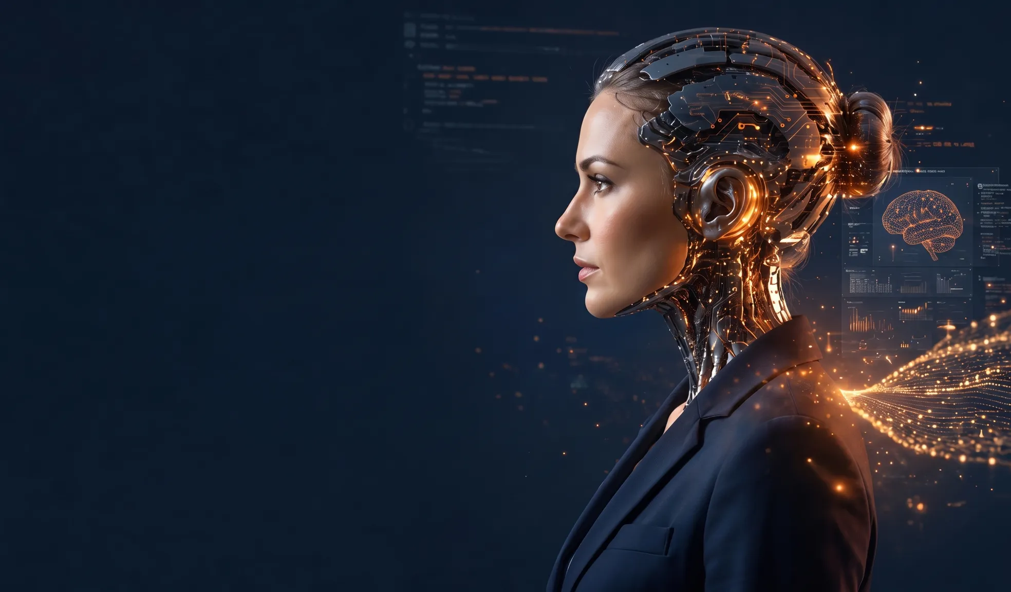 A professional woman in profile with glowing AI voice waveforms around her