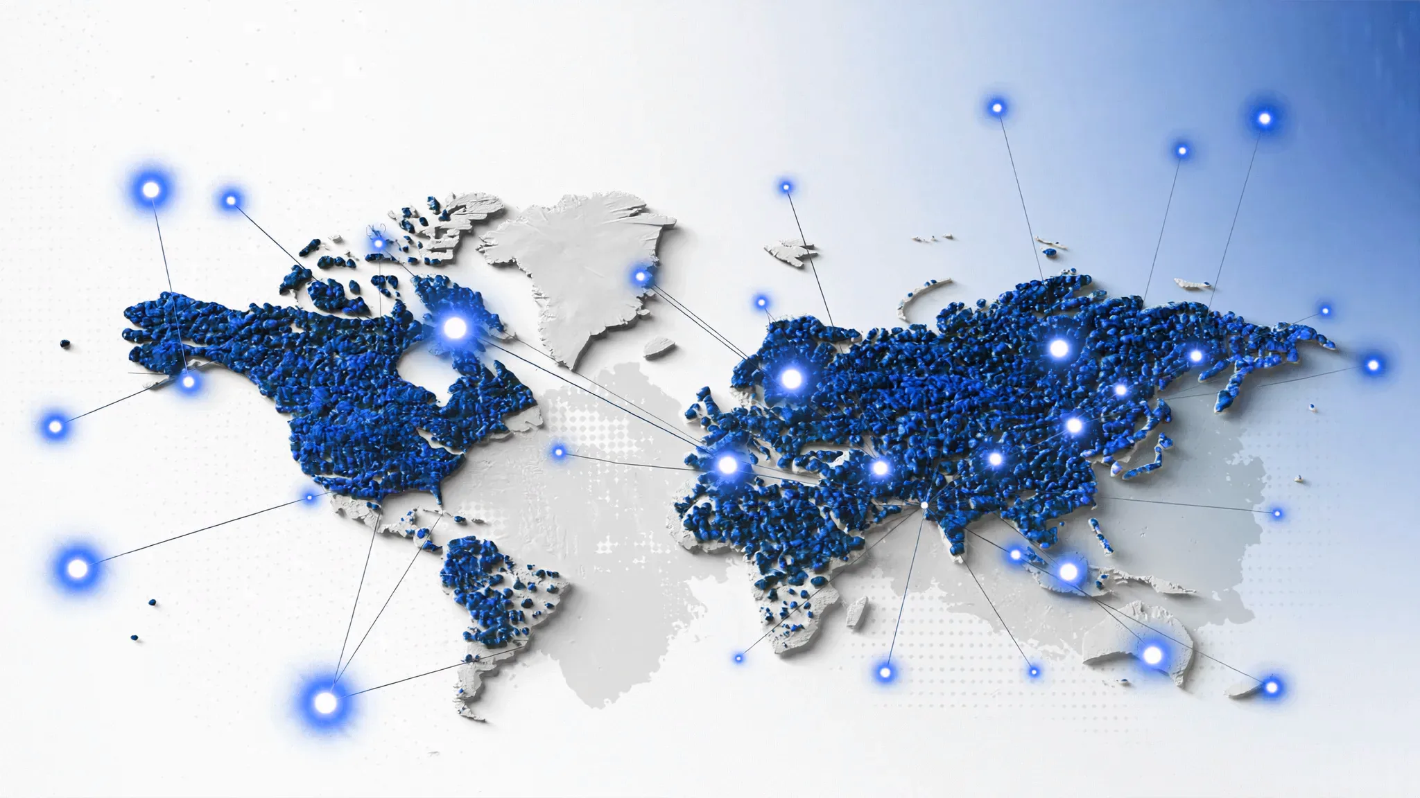 A world map lit with a network of glowing nodes connecting cities