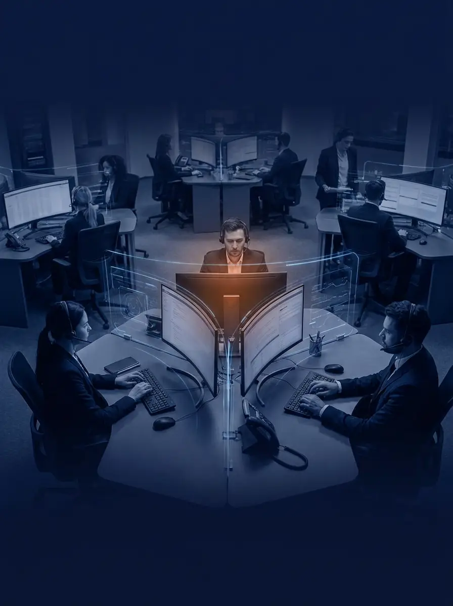 Piso de call center con múltiples agentes en operación outbound