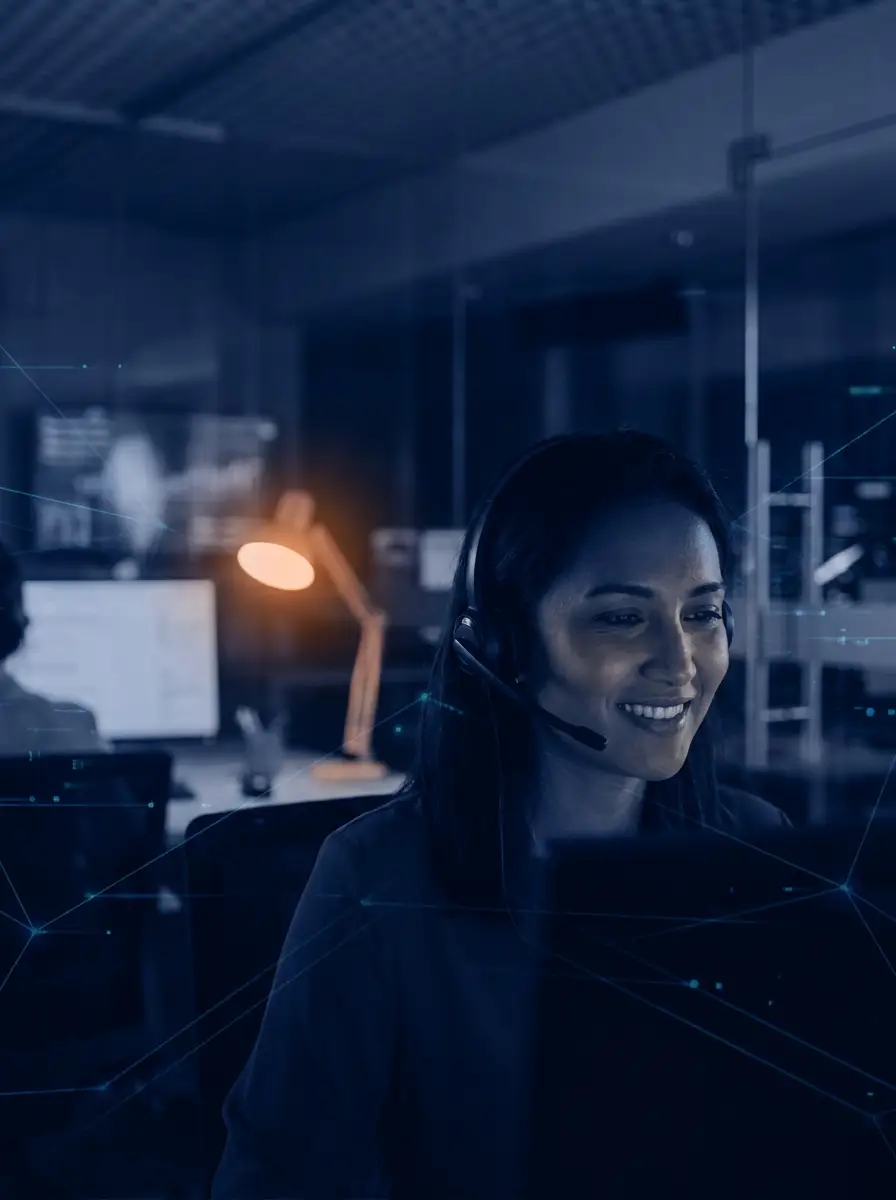 Agente de call center con auriculares atendiendo una llamada