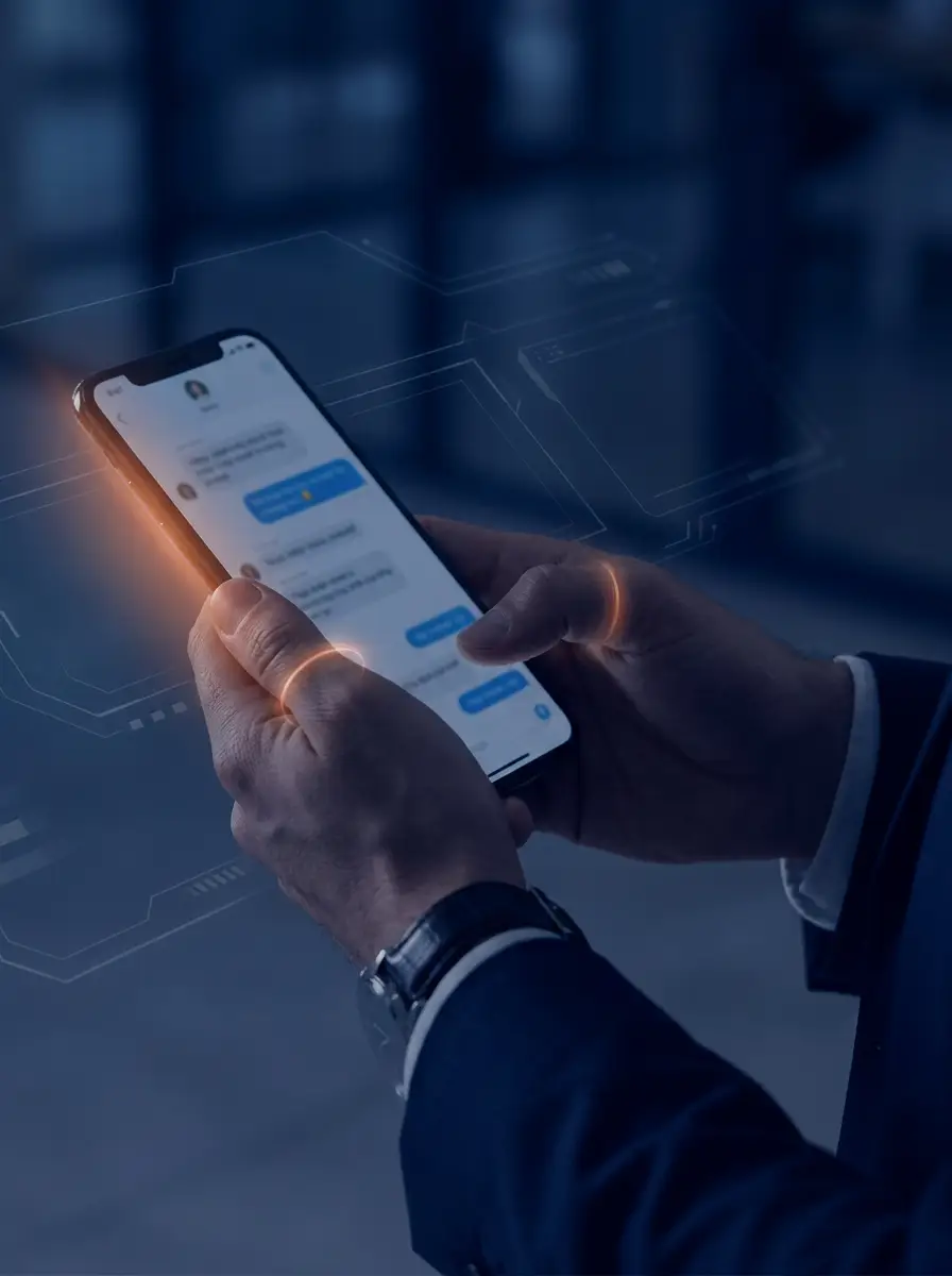 Manos sosteniendo un teléfono con una conversación de WhatsApp Business