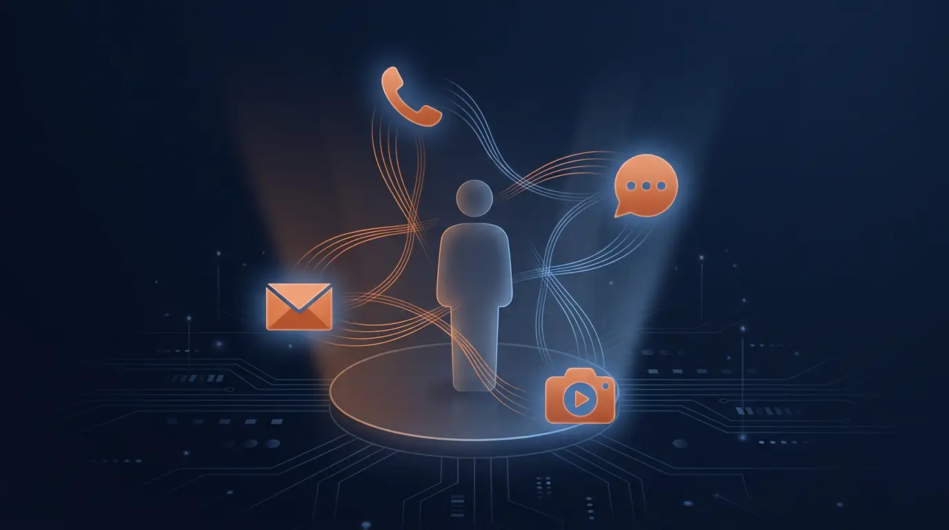 Diagrama de omnicanalidad: IA central conectada a voz, WhatsApp, SMS y video
